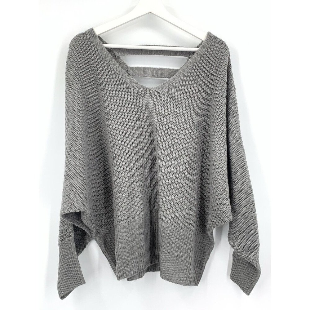 Full Circle Trends Sweater 3X Gray Knit V Neck Dropped Long Sleeves Strappy Back